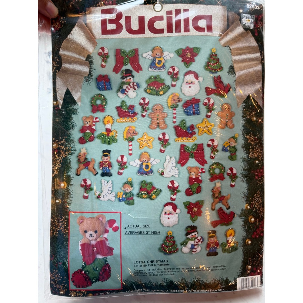 Vtg 1991 Bucilla 50 Felt Christmas Applique Ornament Craft Kit 82933 Sealed